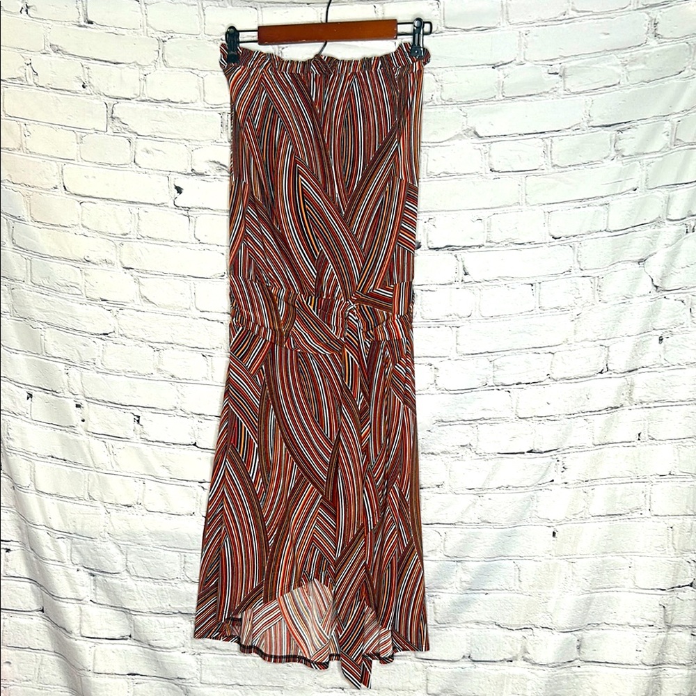 Veronica M. Black Red Orange Strapless Striped Dress Size Medium